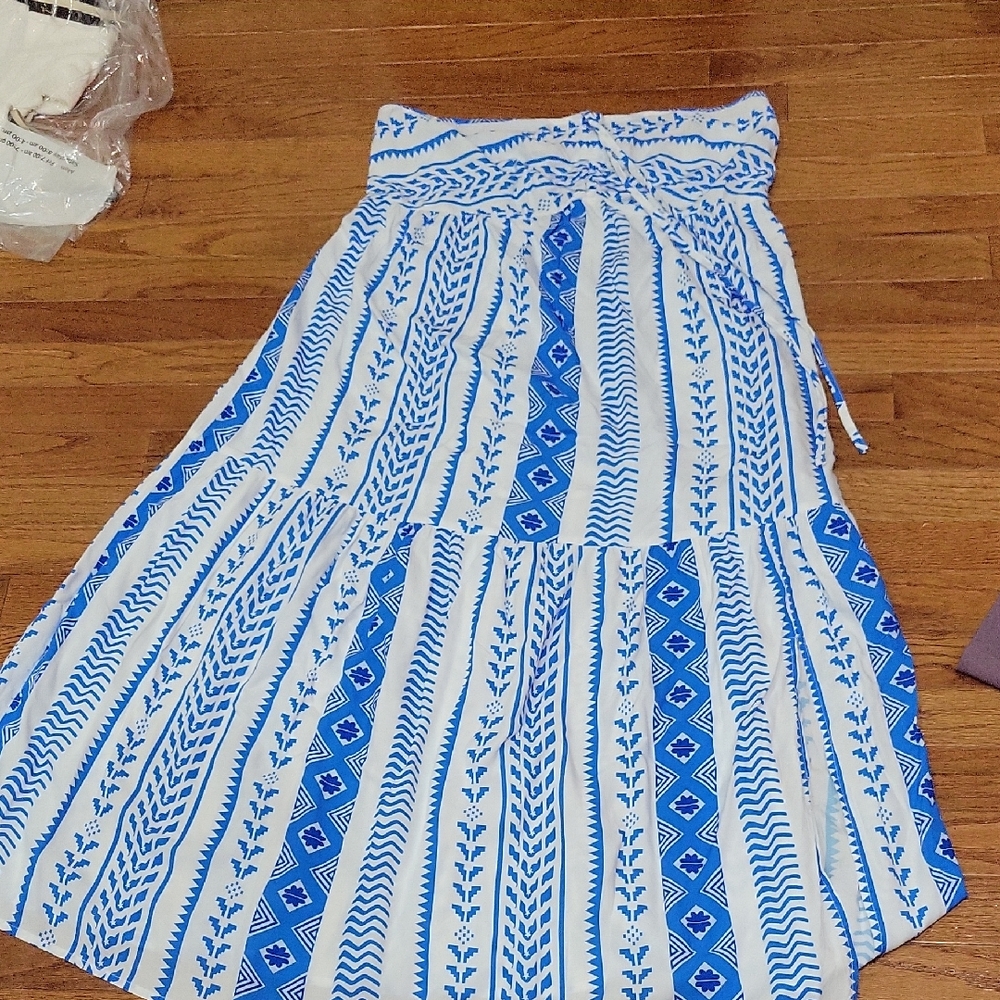 Smocked Strapless Maxi Dress in Blue & White Print